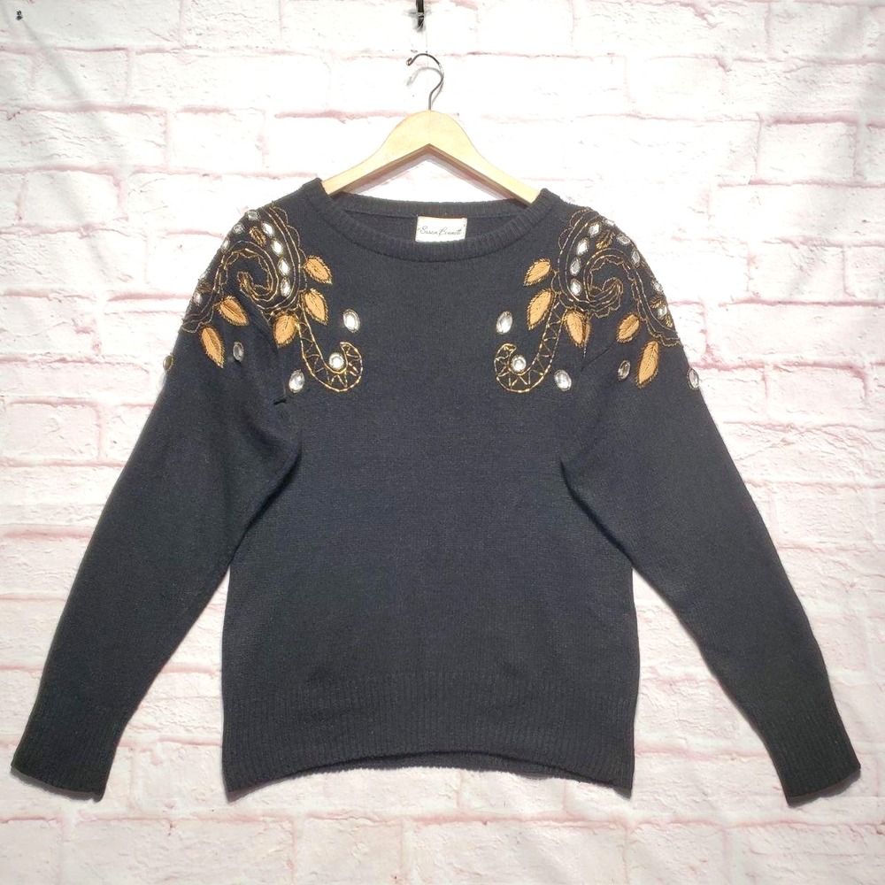VTG Susan Bennett Sweater‎ Womens Medium Black Beaded Silk Angora Artsy Glam